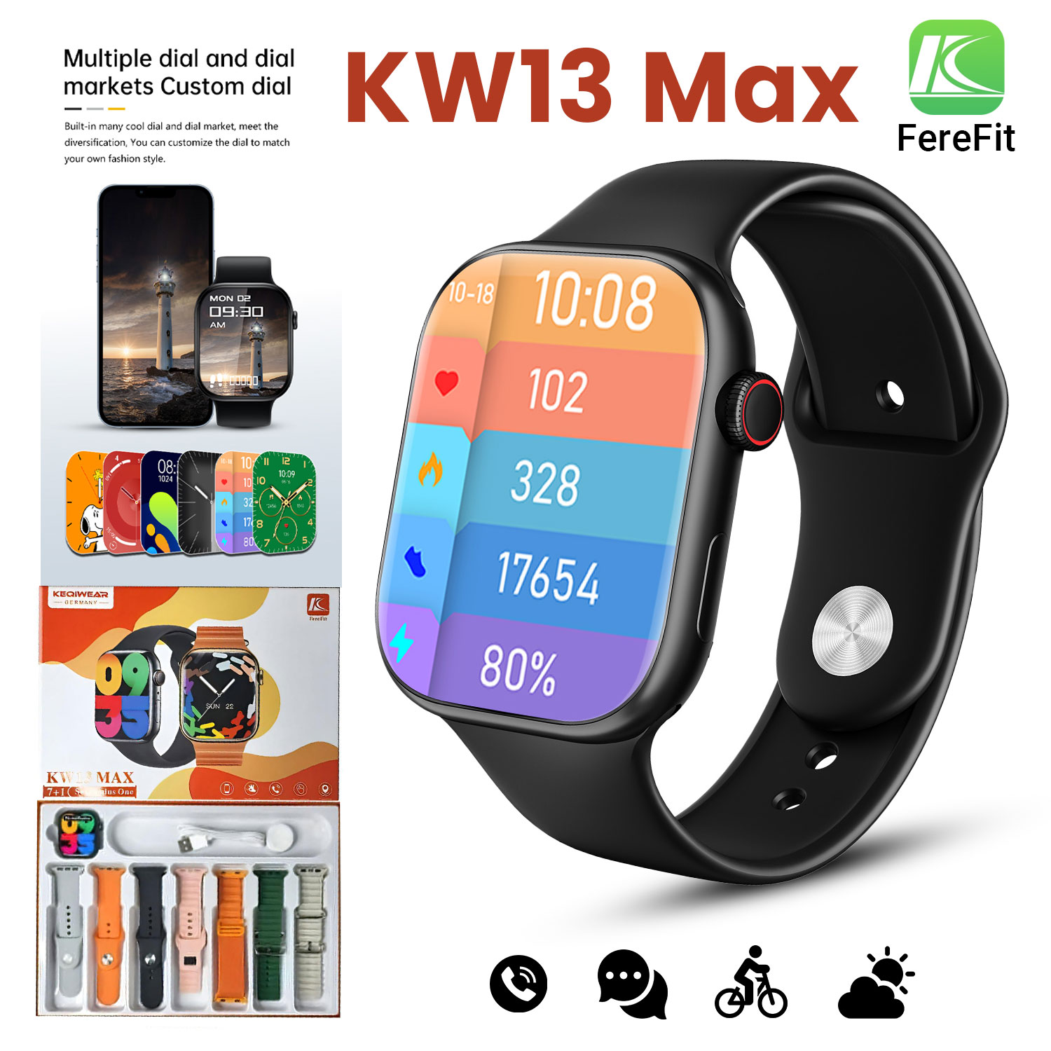 Kw13 Max 2.2 Inch Full Touch Screen 7 Straps Bt Calling Compatible System Android 5.0 Or Ios9.0 With Fere Fit App