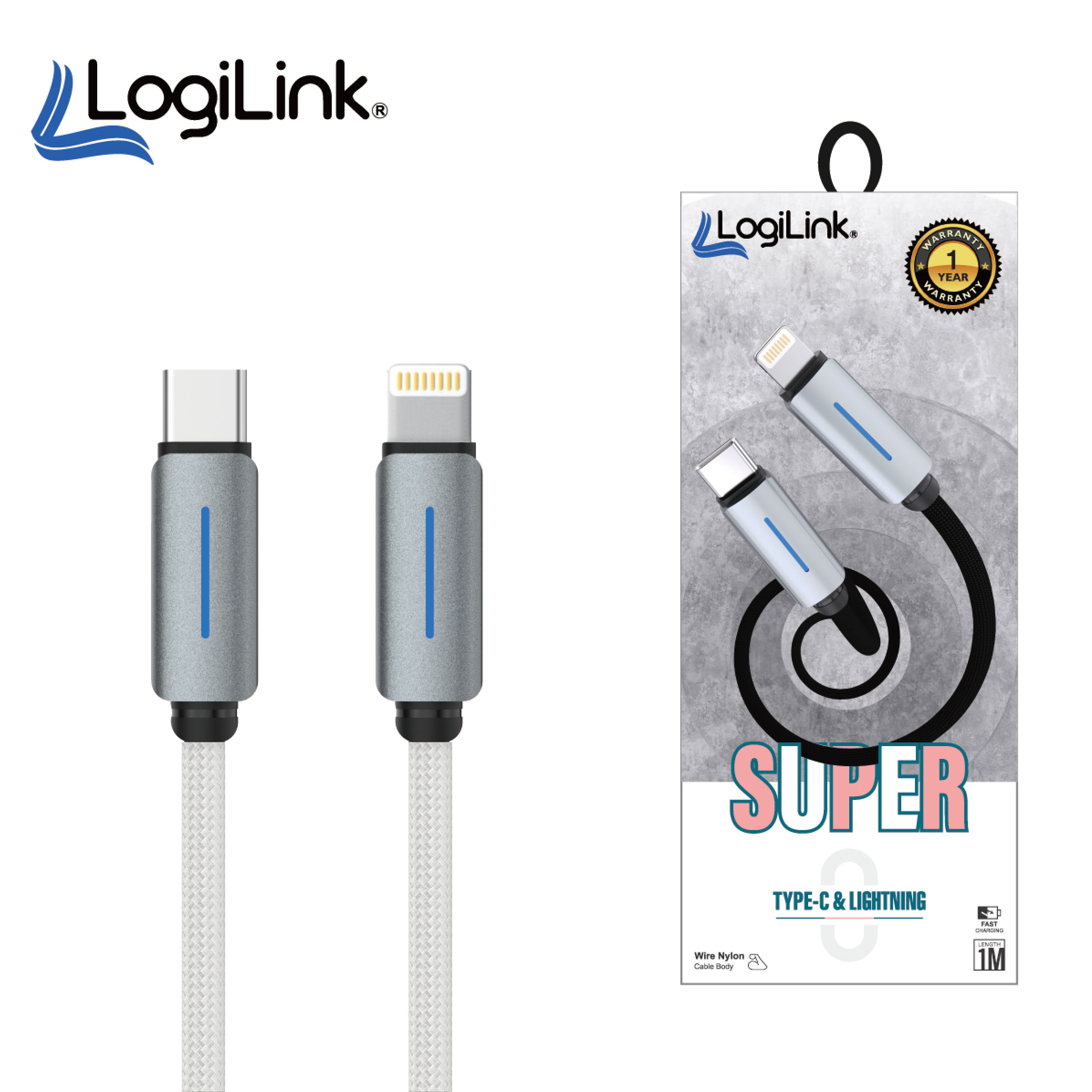 Logilink Type C To Type C Nylon Fast Charging Data Cable With Light 1m (1 Year Warranty White)
