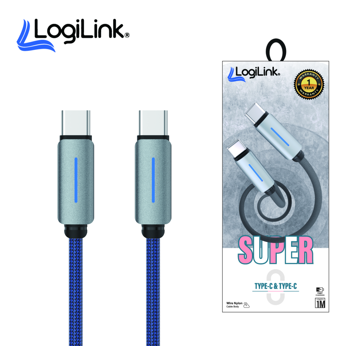 Logilink Type C To Type C Nylon Fast Charging Data Cable With Light 1m (1 Year Warranty) Blue