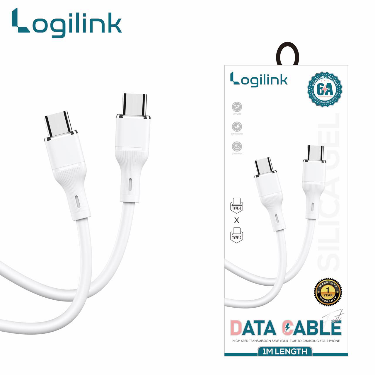 Logilink Type C To Type C Silicone Fast Charging Data Cable 1m (1 Year Warranty) White