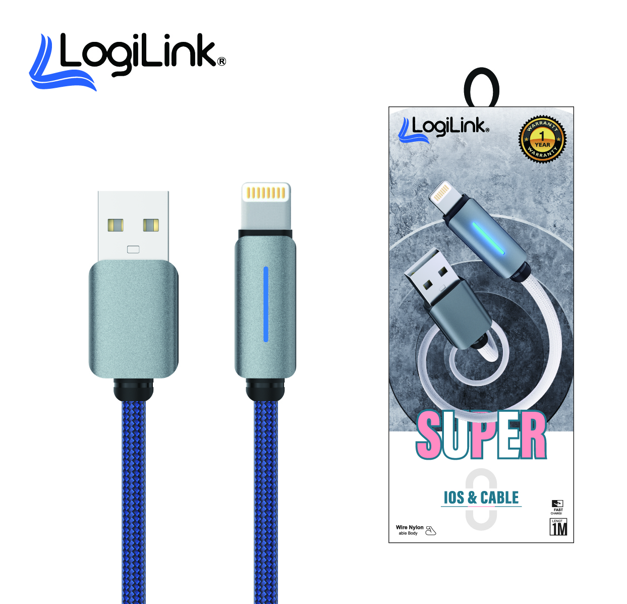 Logilink Usb To Lightning Nylon Fast Charging Data Cable With Light 1m (1 Year Warranty) Blue