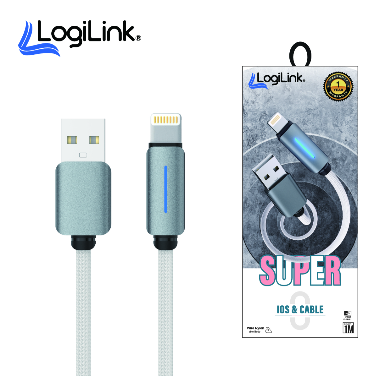Logilink Usb To Lightning Nylon Fast Charging Data Cable With Light 1m (1 Year Warranty) White