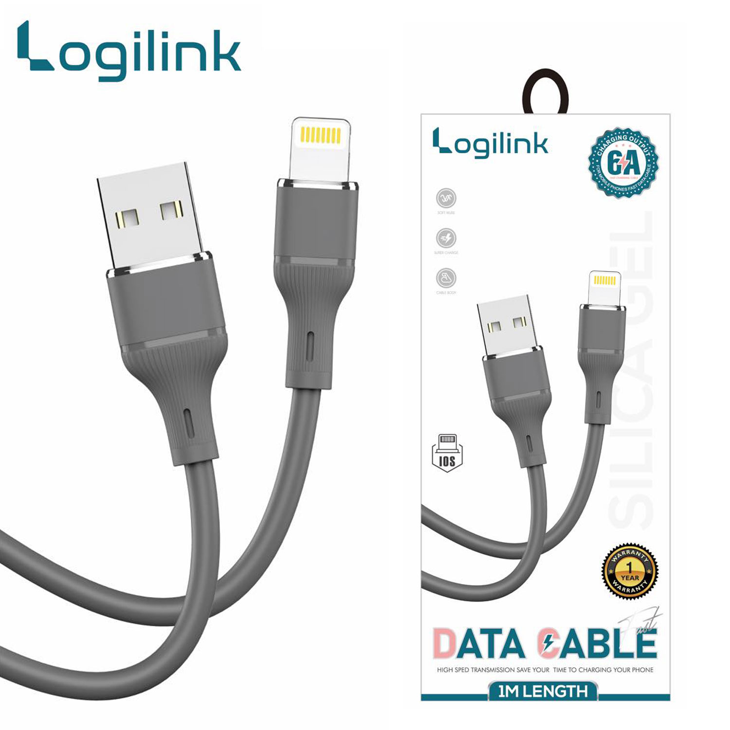 Logilink Usb To Lightning Silicone Fast Charging Data Cable 1m (1 Year Warranty) Grey