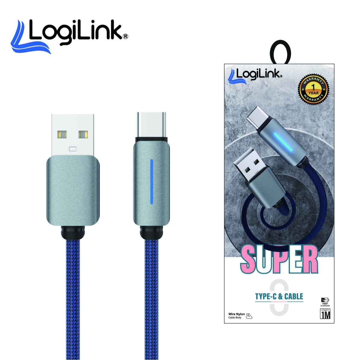 Logilink Usb To Type C Nylon Fast Charging Data Cable With Ligh 1m (1 Year Warranty) Blue