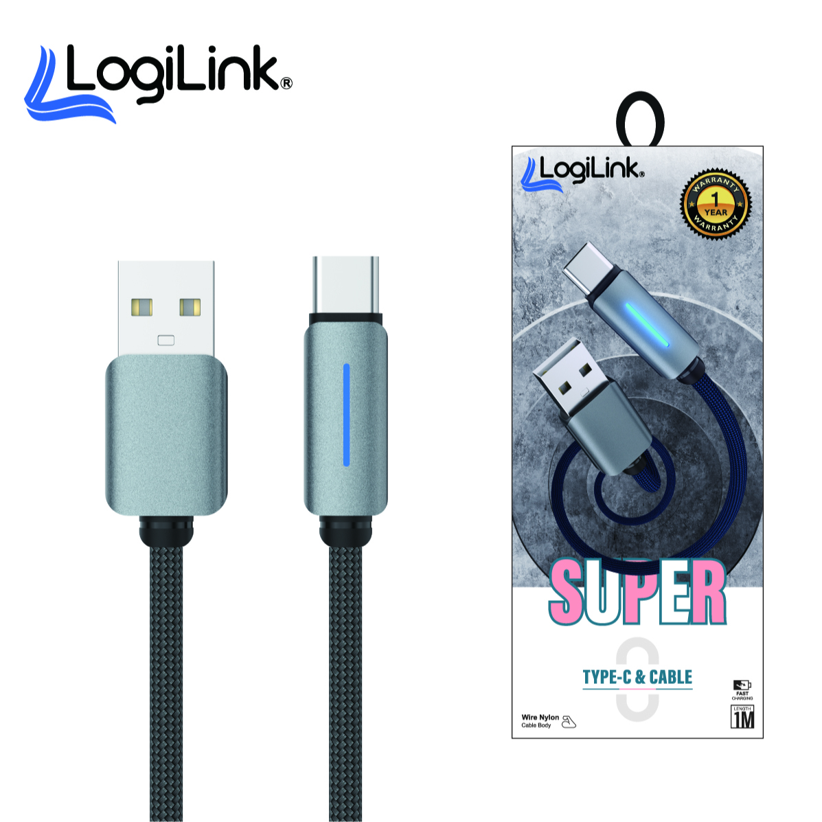 Logilink Usb To Type C Nylon Fast Charging Data Cable With Light 1m (1 Year Warranty) Grey