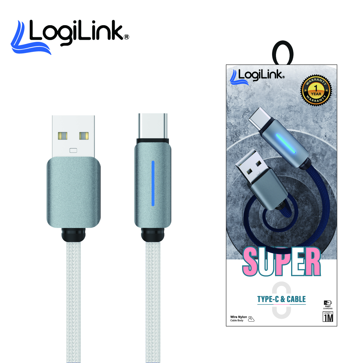 Logilink Usb To Type C Nylon Fast Charging Data Cable 1m With Light (1 Year Warranty) White