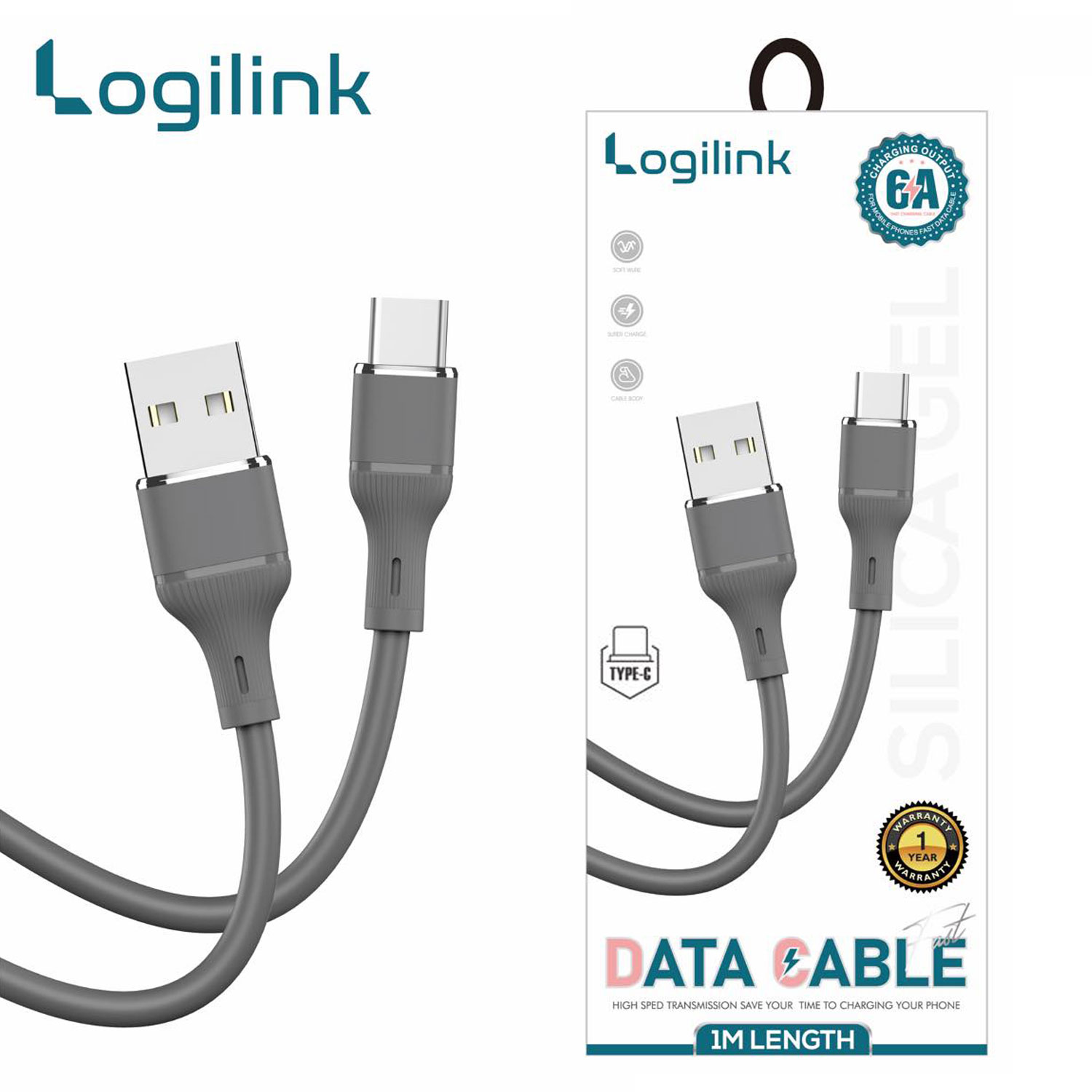 Logilink Usb To Type C Silicone Fast Charging Data Cable 1m (1 Year Warranty) Grey