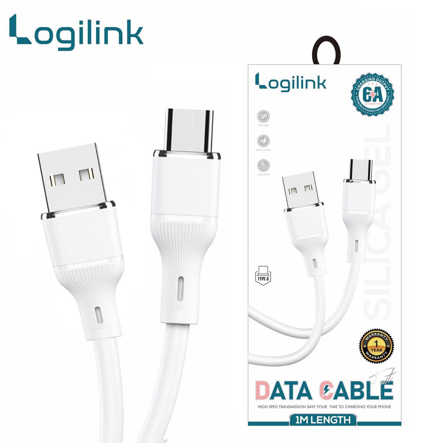 Logilink Usb To Type C Silicone Fast Charging Data Cable 1m (1 Year Warranty) White