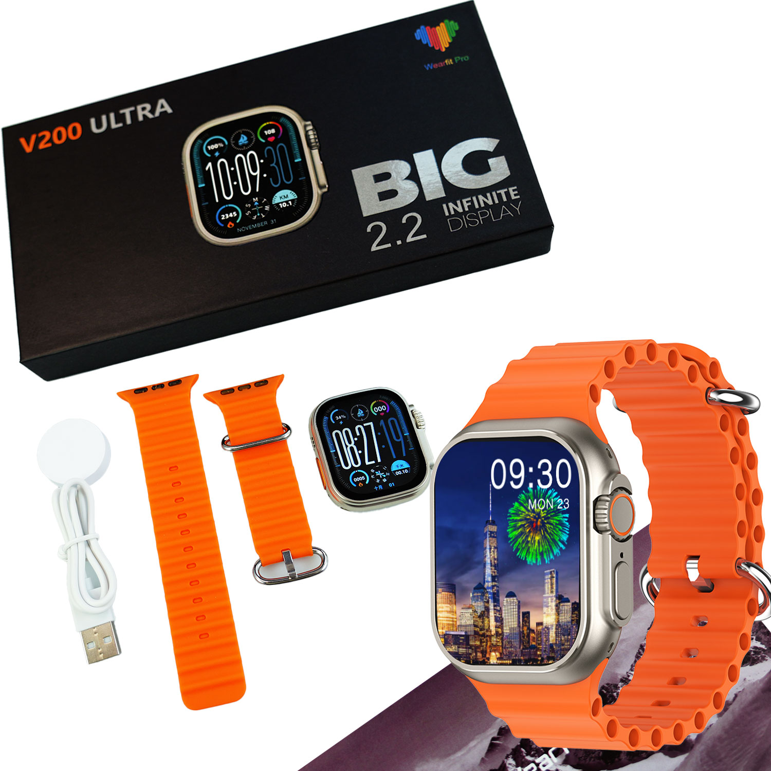 V200 New Fashion Ultra 2.2 Large Screen Ip68 Waterproof Sport Smart Watch With Wearfit Pro App Orange
