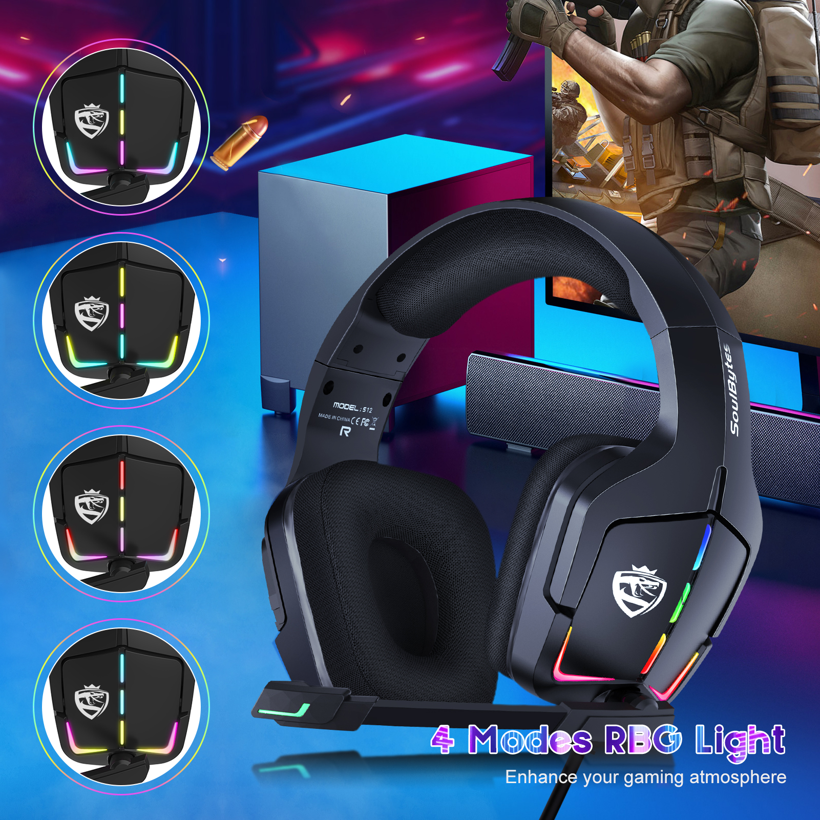 Soulbytes S12  Ps4 Ps5 Pc Xbox One Switch With Microphone Dynamic Rgb Led Effect 3.5mm Wired Stereo Bass Over Ear Mic Gaming Headphones