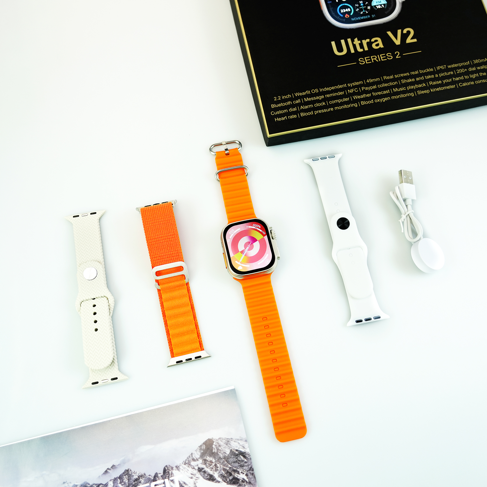 Ultra V2 New Fashion 2.2 Large Screen With 4 Straps Smart Watch With Wearfit Pro App Orange